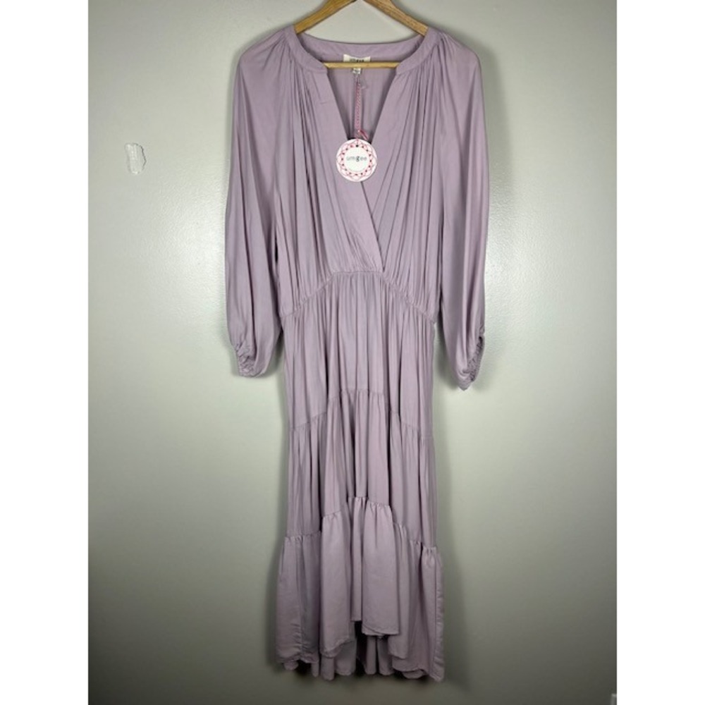 Umgee Lavender Tiered Surplice Midi Dress Long Balloon Sleeve L5778 Large NEW